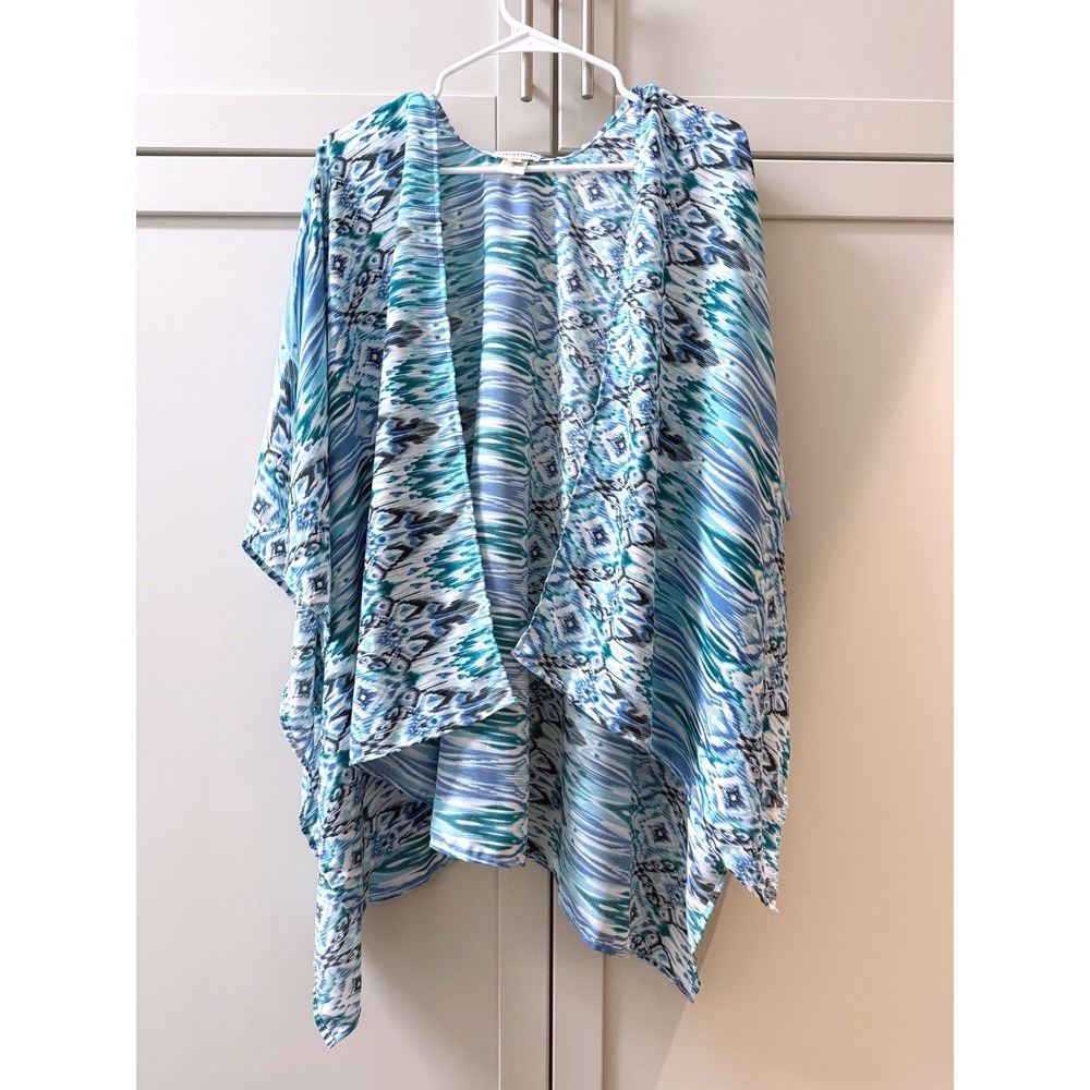 Earthbound Trading Co Blue Ikat Tribal Print Shawl Kimono Wrap One Size
